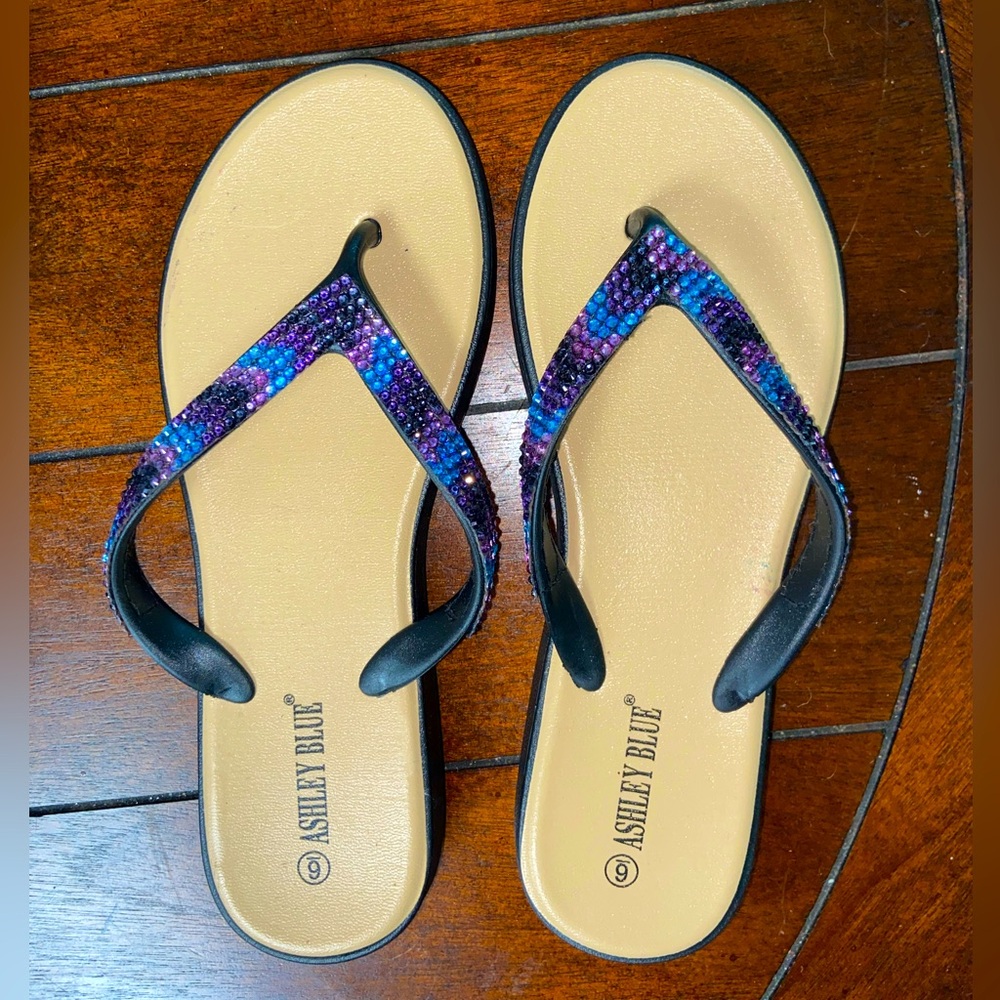 Ashley Blue Purple Black Rhinestone FlipFlops NEVER WORN